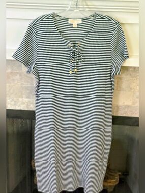 Michael Kors Black and White Striped Lace-Up Midi Dress